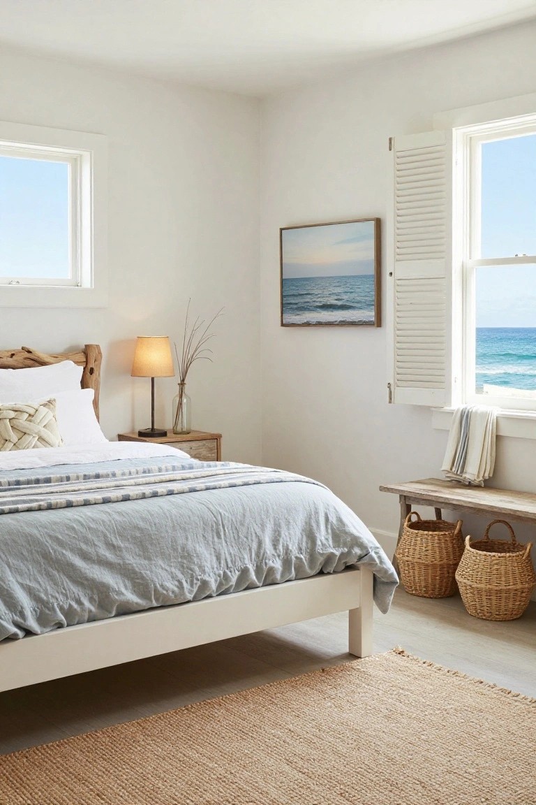 A bright white bedroom featuring a driftwood headboard, white and blue-gray linen bedding, a seagrass rug, wicker baskets on a wooden bench, a table lamp with branches, and large shuttered windows overlooking the ocean.