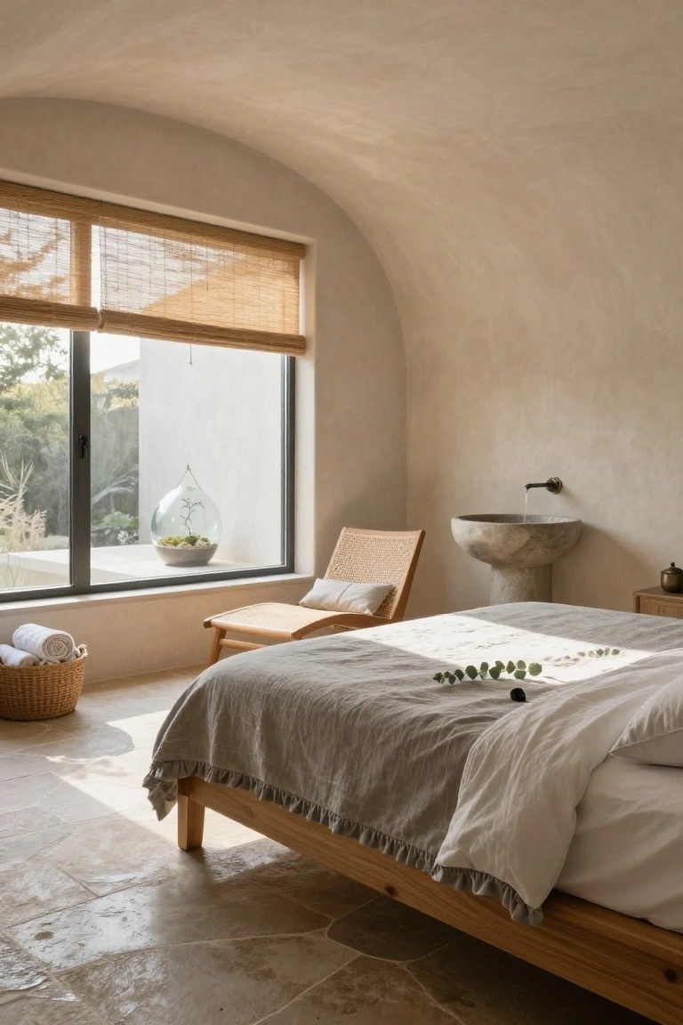 Bedroom with curved beige plaster walls and ceiling, low wooden bed draped in gray and white linens, rattan chair with cushion, stone pedestal sink with running water, large window showing greenery outside, and woven basket on terracotta tile floor.