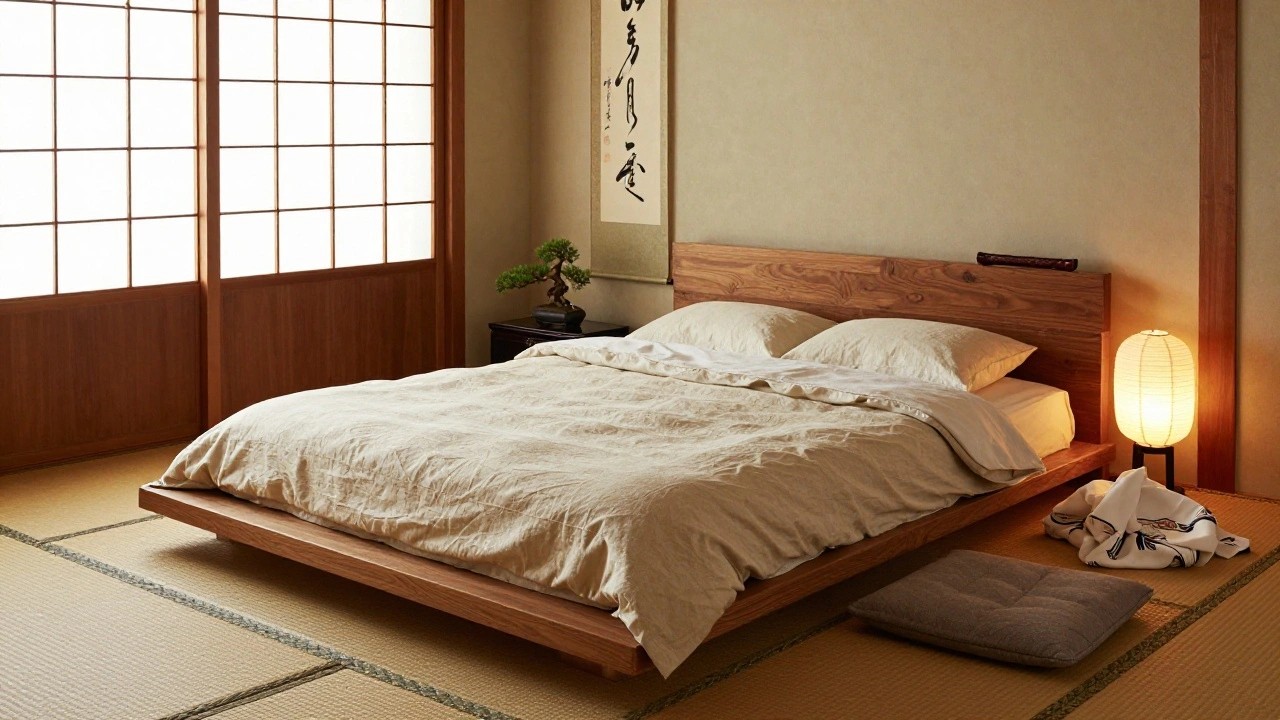 Minimalist bedroom interior with shoji screen windows, tatami floor mats, low futon bed with white linens, bonsai tree on a wooden stand, paper lantern lamp, and hanging calligraphy scroll on beige walls.