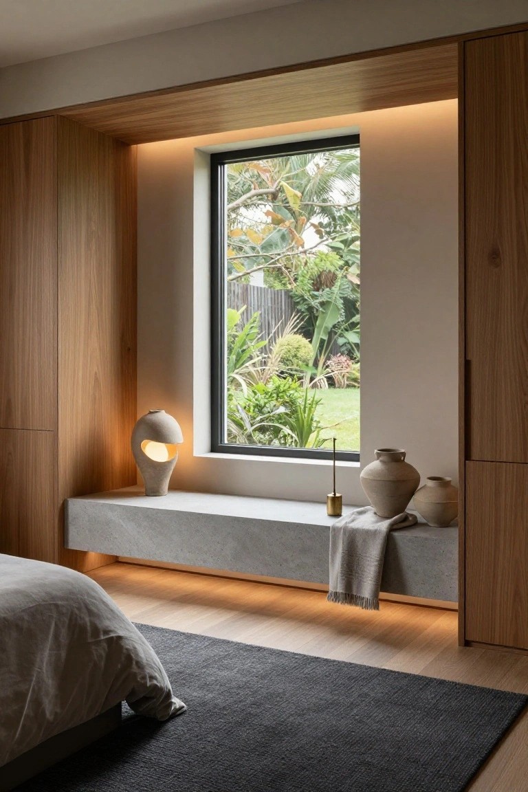 Modern bedroom with wooden walls, concrete window seat, and glowing sculptural lamp.