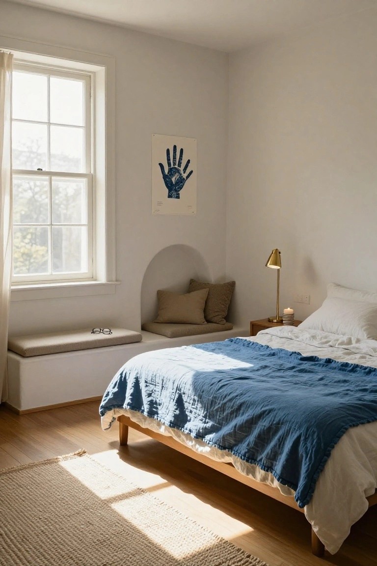 Bright bedroom with bed, blue blanket, arched nook, window, and rug.