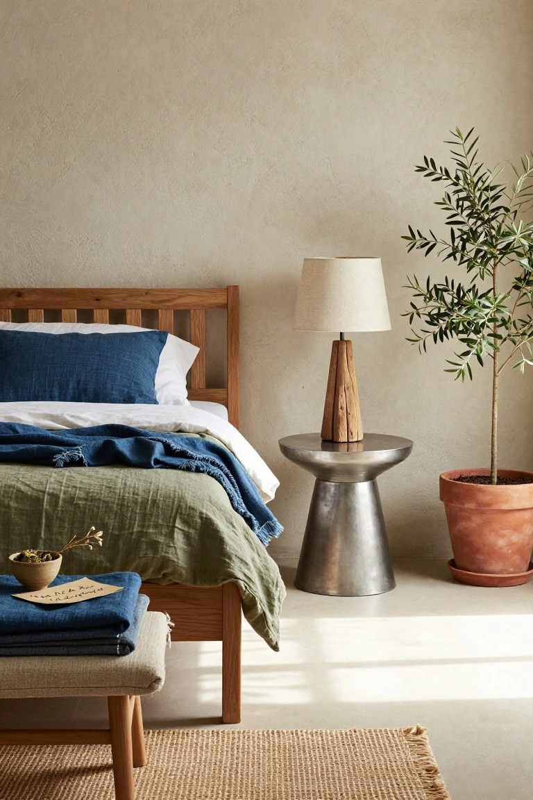 Cozy bedroom with wooden bed, green linens, metallic lamp, and potted olive tree.
