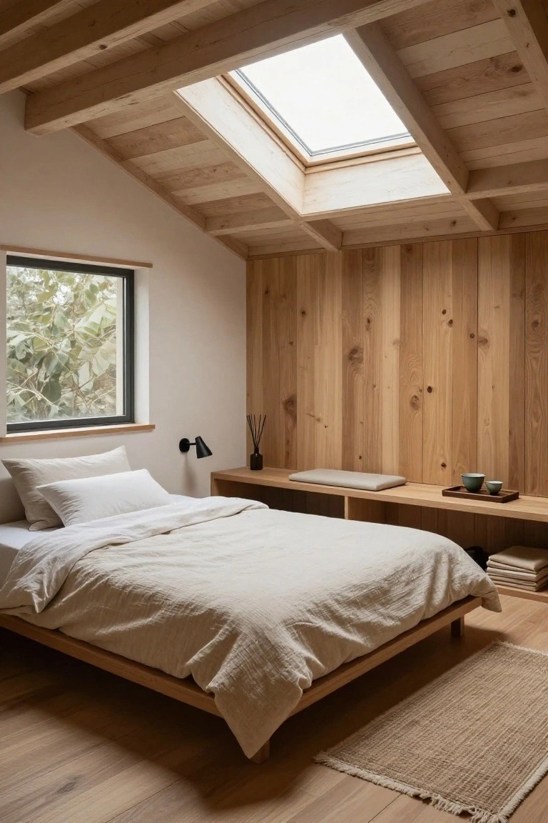 A minimalist bedroom with light wood paneling on walls and sloped ceiling featuring a skylight, low wooden platform bed with beige linens, wooden bench shelving unit, black wall lamp, and window showing trees outside.