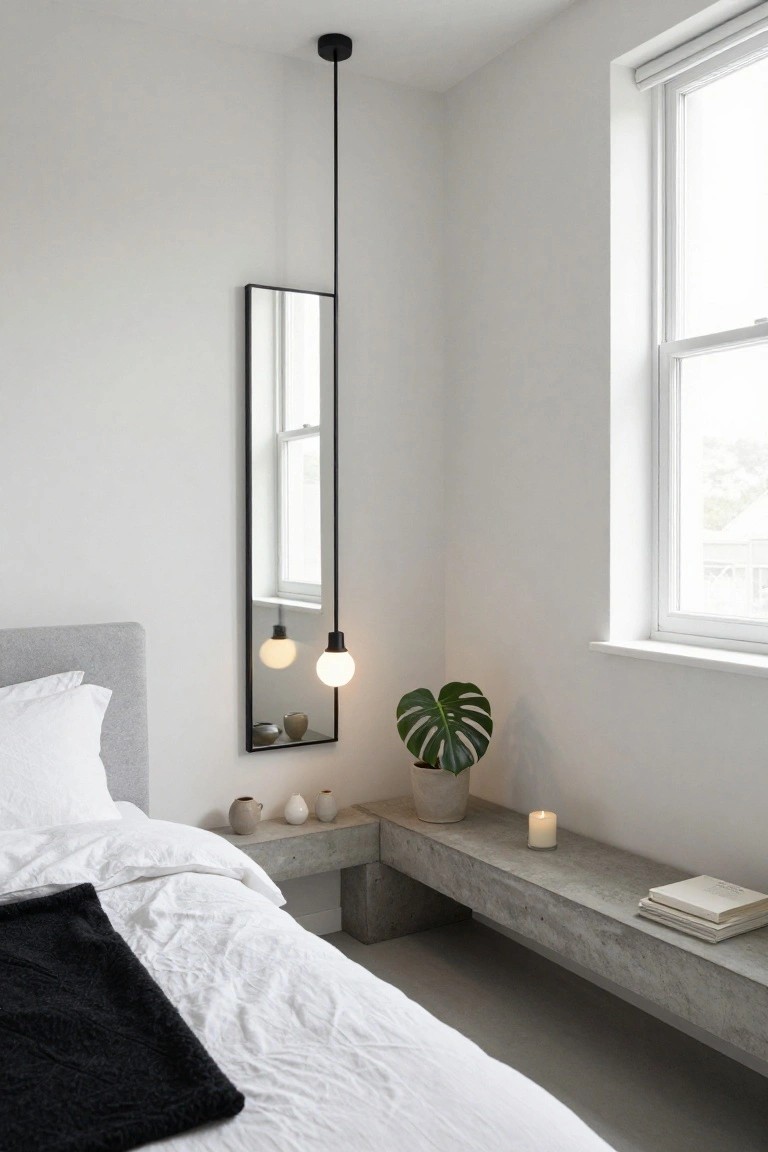 Minimalist bedroom with white walls, gray upholstered bed with white linens and black throw, tall narrow black-framed mirror beside hanging black pendant light with white globe bulb, concrete bench holding white ceramics, monstera plant in white pot, candle, and stacked books, large window with white frame.