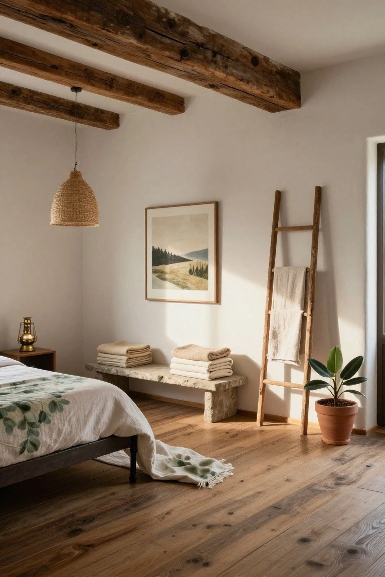 Bedroom with exposed dark wooden ceiling beams, rattan pendant light, wooden ladder holding folded beige towels, low bed with white duvet and green leaf pattern, stone bench with folded towels, brass lamp on wooden nightstand, potted plant, white walls, and light wood floors.