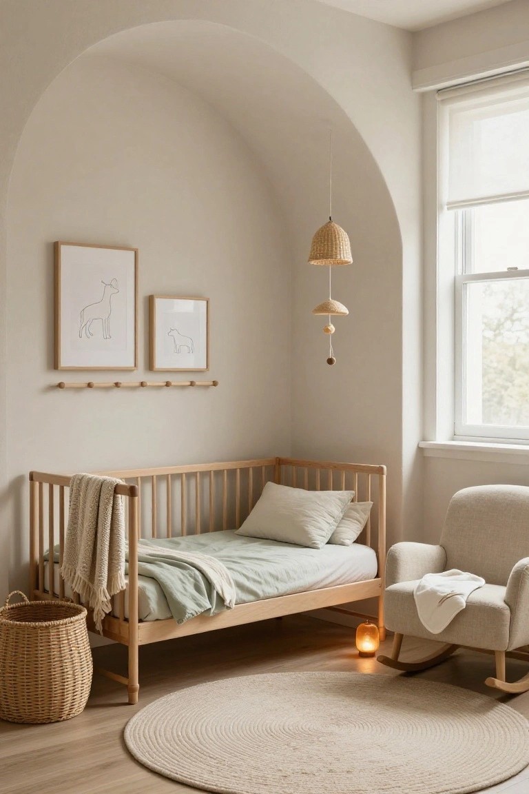 Light beige nursery room with wooden crib in arched wall recess, rattan pendant light and mobile, two framed line art prints of animals on wooden shelf, cream rocking chair, wicker basket, and round beige rug on light wood floor.