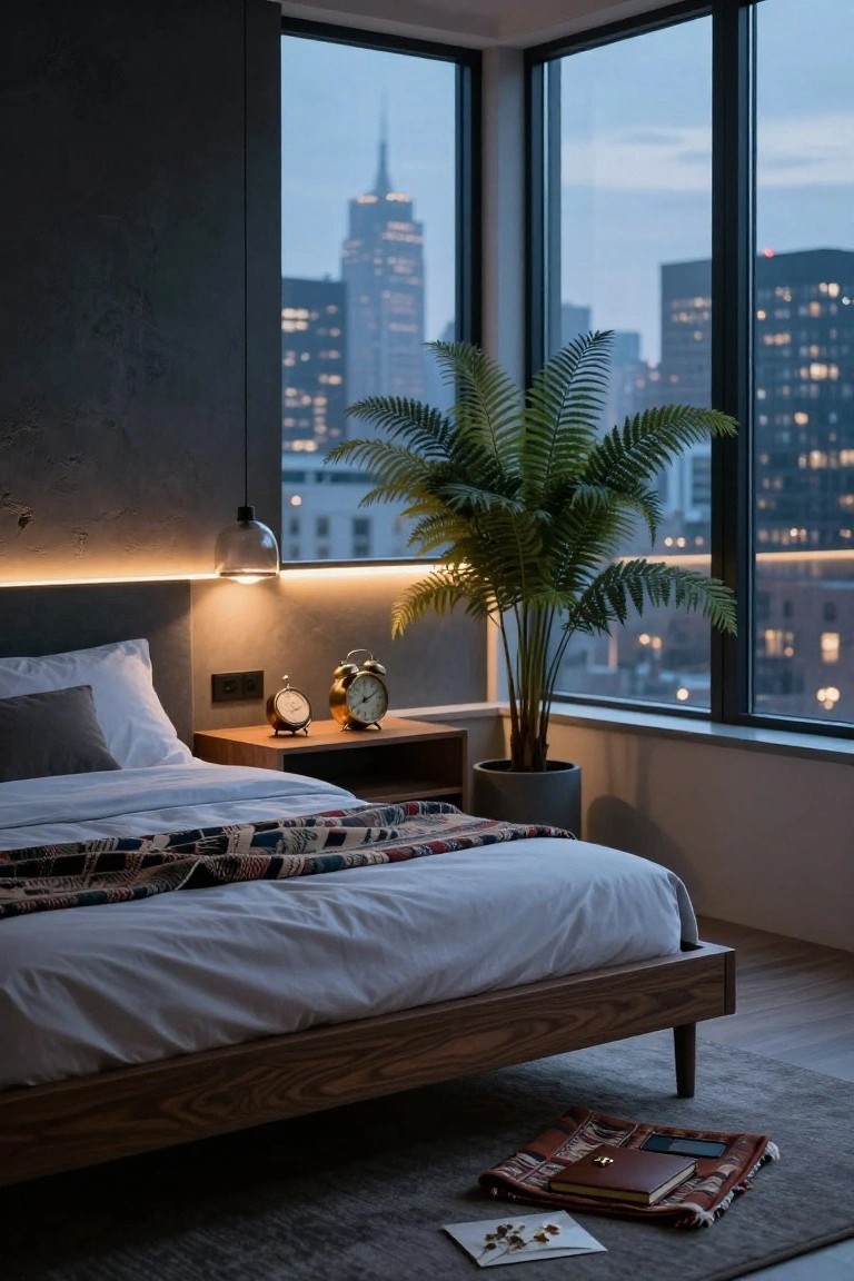 Modern bedroom with wooden bed frame, white bedding, nightstand holding two alarm clocks, large potted leafy plant in corner, pendant lamp, and corner windows showing city skyscrapers at dusk.