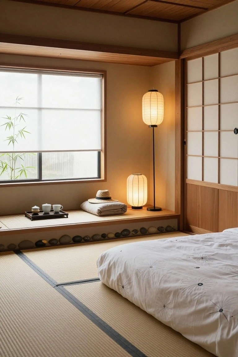 A minimalist bedroom with beige tatami mat flooring, low white futon bed, wooden built-in window bench holding a tea tray, hat, and pebbles, two paper lanterns, bamboo plant by a window with roller blind, and shoji screens on wooden walls.