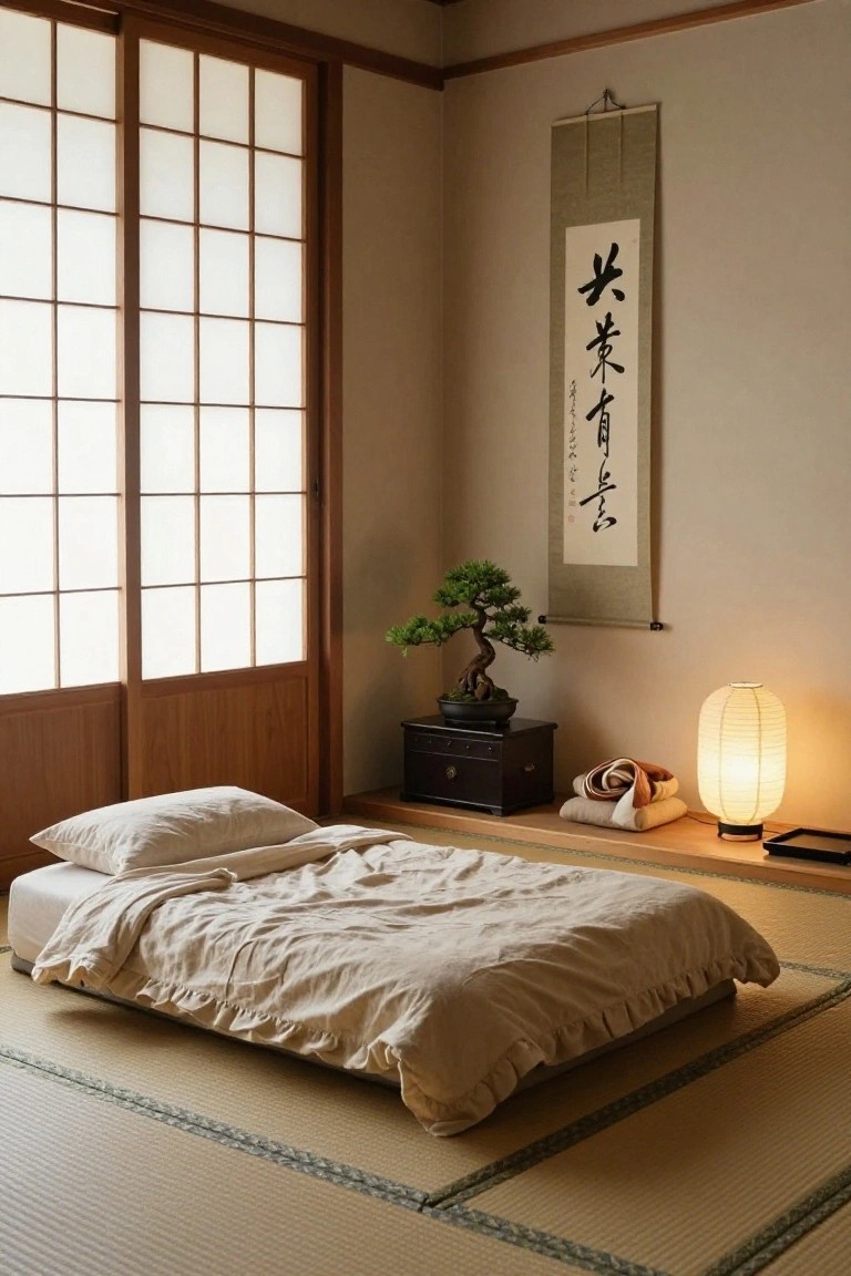 Minimalist bedroom interior with shoji screen windows, tatami floor mats, low futon bed with white linens, bonsai tree on a wooden stand, paper lantern lamp, and hanging calligraphy scroll on beige walls.