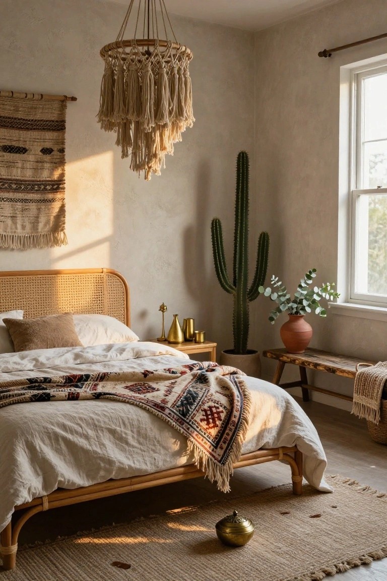 Bedroom interior with rattan bed frame and headboard, white linens topped by colorful woven quilt, beige macrame hanging lamp, tall potted cactus plant, woven wall hanging, wooden bench, and jute rug on light wood floor.