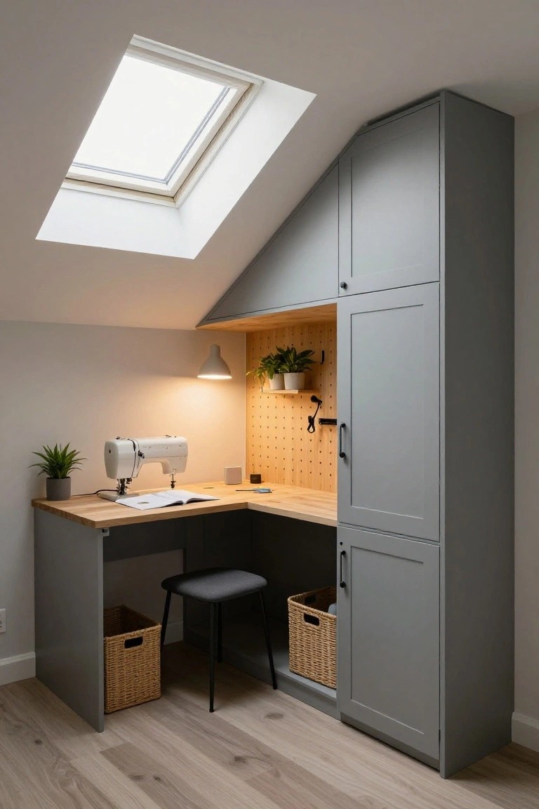 Corner workspace in attic room featuring birch desk with sewing machine, gray sloped cabinets, pegboard organizer, plants, stool, and skylight above.