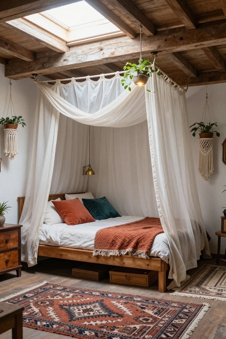 Attic bedroom with exposed wooden beam ceiling and skylight, sheer white canopy draped over wooden bed with orange and green pillows, hanging plants in macrame, brass wall lamp, wooden furniture, and patterned rugs on wood floor.