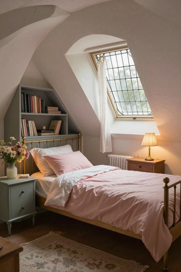Attic bedroom with white sloped ceilings, built-in gray bookshelves filled with books, brass bed frame with pink bedding and white duvet, bedside tables with lamp and flowers, and leaded skylight window.