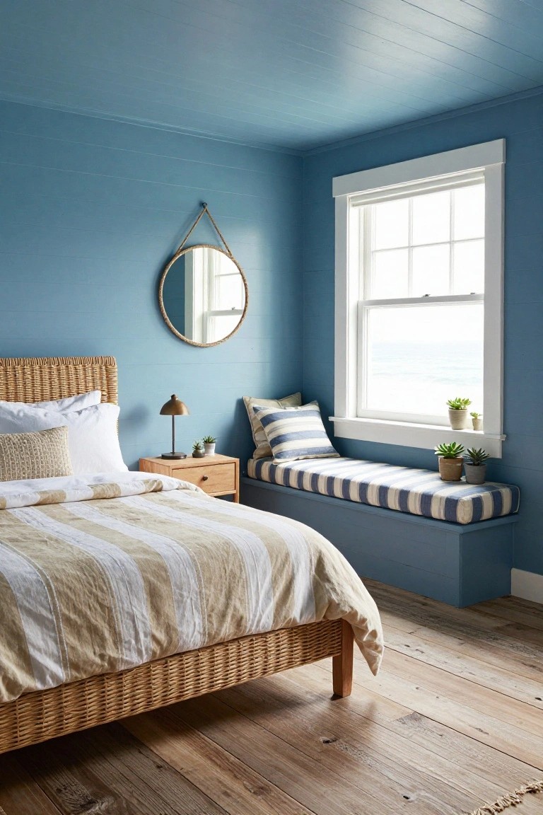 Blue shiplap-paneled attic bedroom featuring a rattan bed with beige striped linens, wooden nightstand, round rope mirror, and built-in window bench seat with striped cushions and potted succulents overlooking the ocean.
