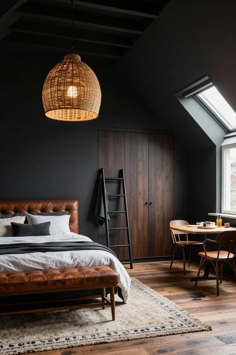 Attic bedroom with dark walls, sloped black ceiling, leather headboard bed with white and gray linens, brown leather bench at foot, black ladder against wood wardrobe doors, small wood dining table with chairs in corner under skylight, rattan pendant lamp, wood floors, and beige rug.