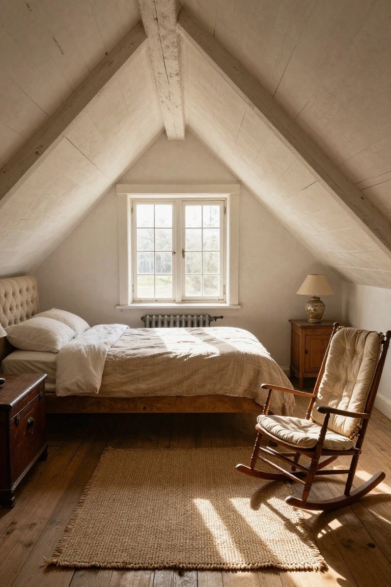 Attic bedroom with white sloped ceilings and exposed wooden beams, platform bed with beige linens and pillows, wooden rocking chair on seagrass rug, wooden nightstand with lamp, radiator under window overlooking fields.