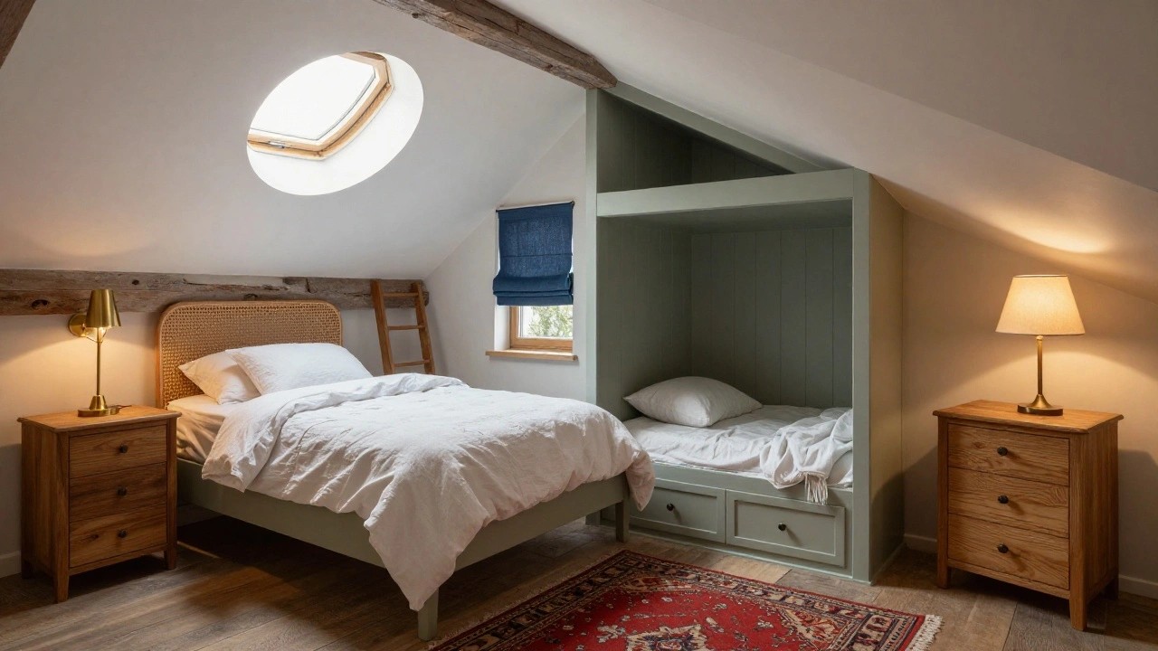 Attic bedroom featuring sloped sage green paneled walls, exposed wooden beams, skylight with blue blind, rattan headboard bed with white linens and pillows, wooden nightstand and shelf, red patterned rug on wood floor.