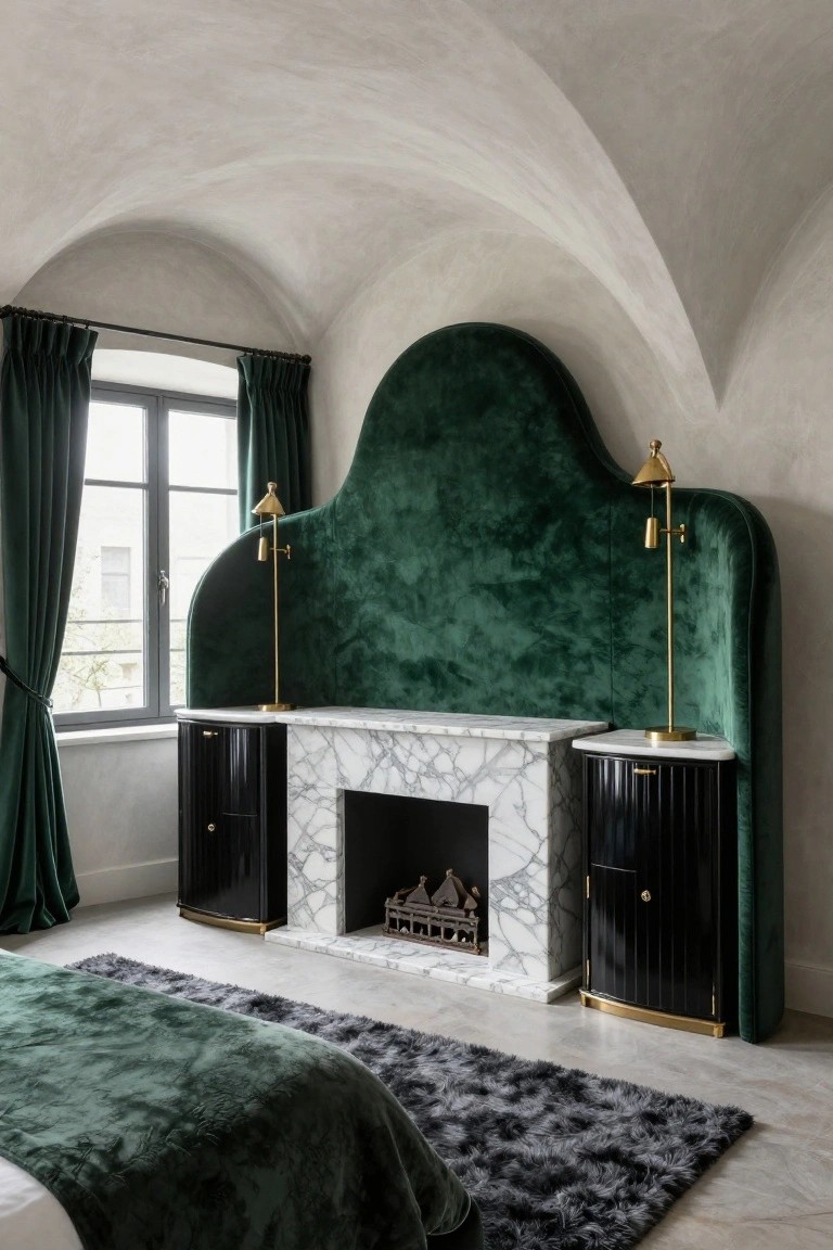 Luxurious bedroom with emerald green velvet headboard, marble fireplace, and brass lamps.