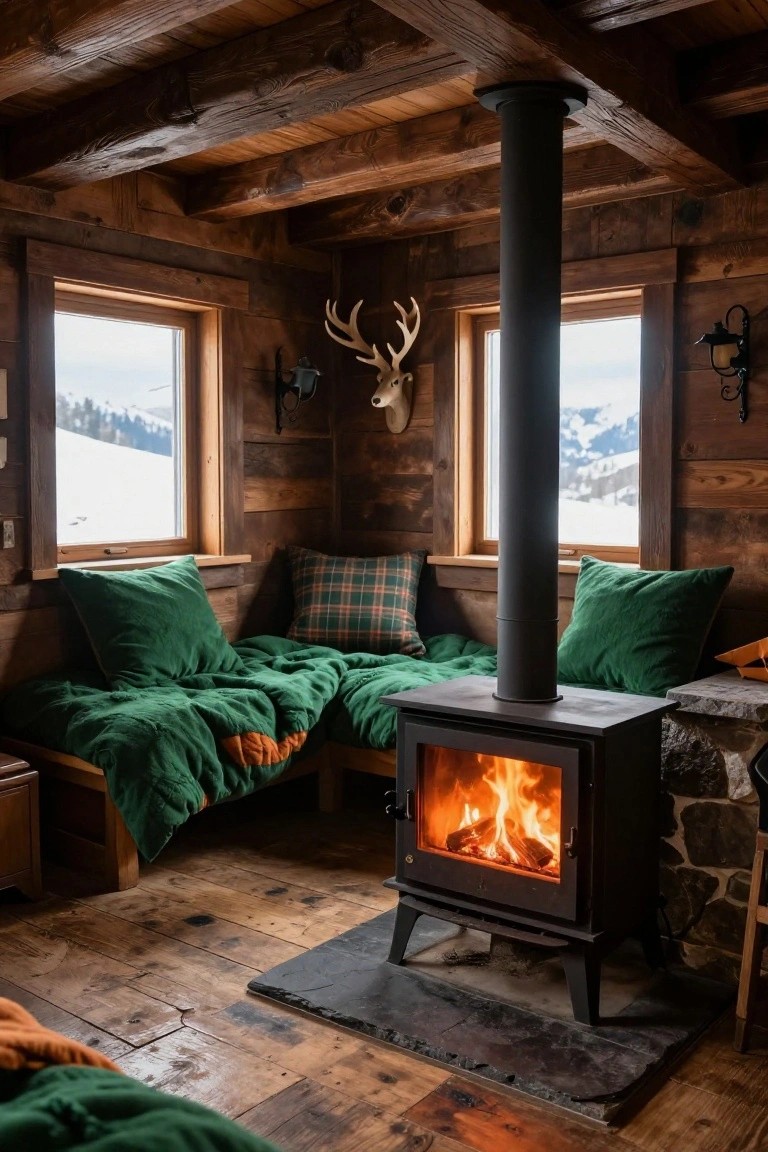 Cozy cabin interior with wood-burning stove, green bedding, and snowy mountain view.