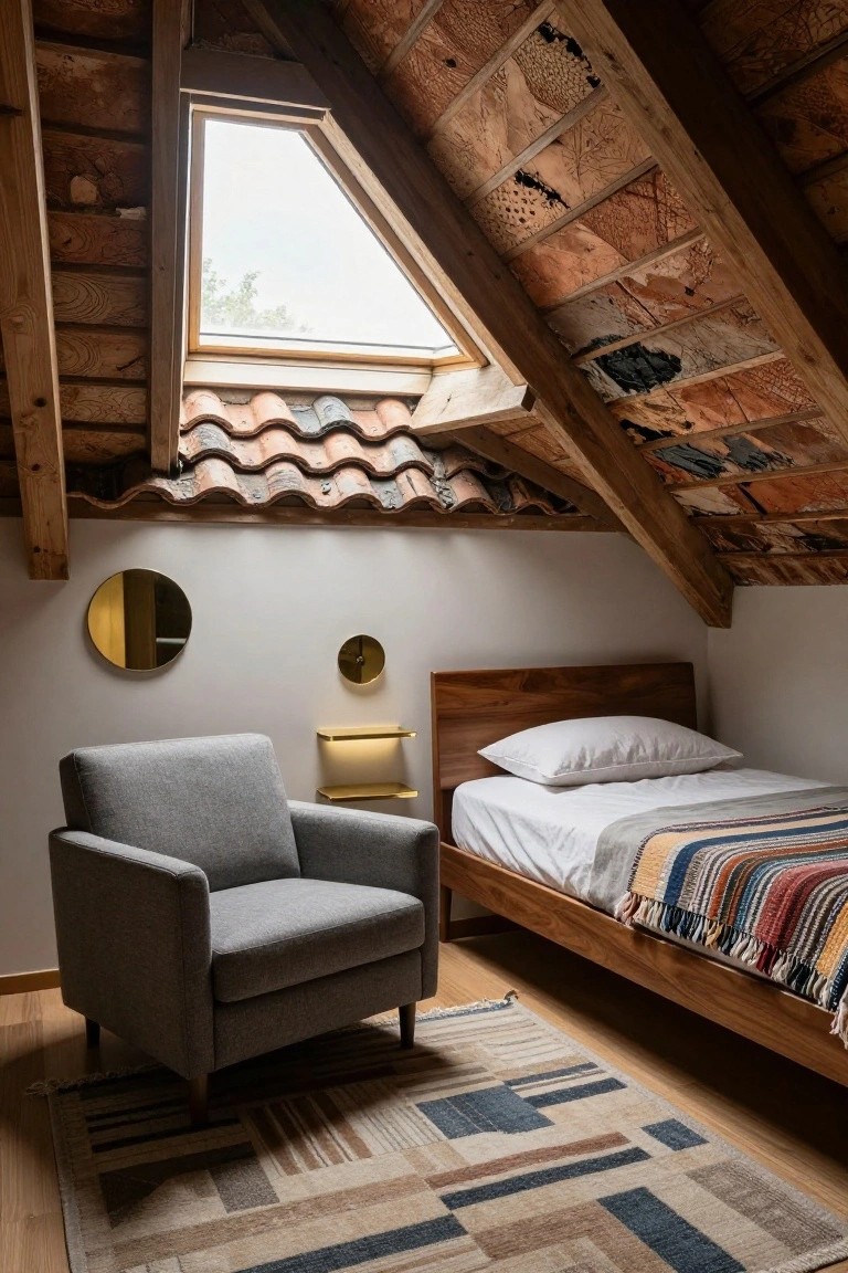 Cozy attic bedroom with wooden beams, skylight, gray armchair, and striped rug.