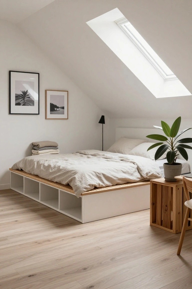 Attic bedroom with low white platform bed having open shelf storage underneath, beige linens and folded blankets nearby, sloped white ceiling with skylight, potted green plant, black floor lamp, framed black-and-white photos, wooden side table and stool on light wood floor.