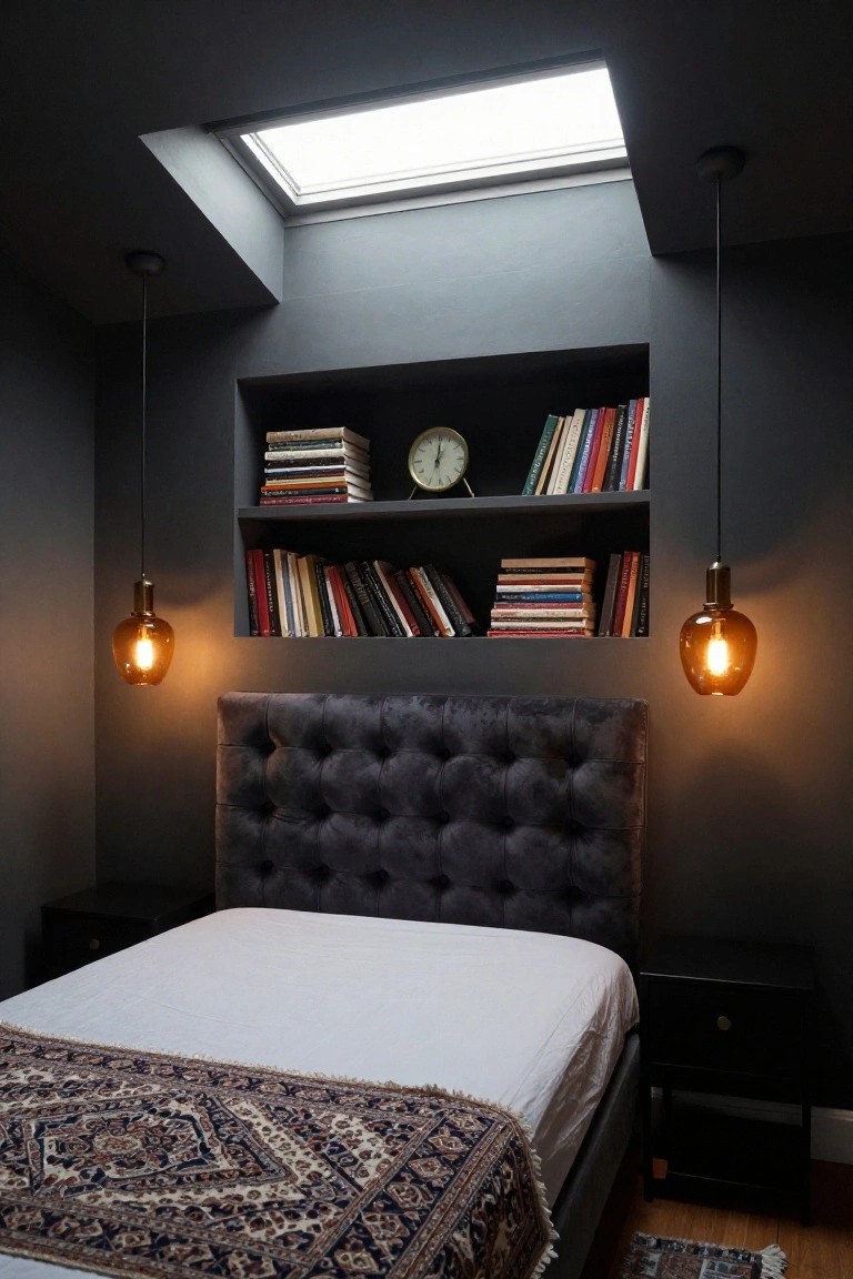 Attic bedroom featuring dark gray walls, a sloped ceiling with skylight, recessed bookshelves containing stacked books and a wall clock, tufted gray velvet upholstered bed with white sheets and a patterned rug, black nightstands, and amber pendant lights hanging on either side.