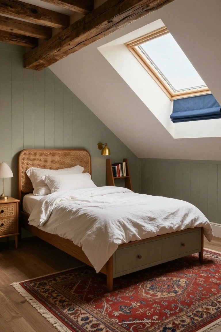 Attic bedroom featuring sloped sage green paneled walls, exposed wooden beams, skylight with blue blind, rattan headboard bed with white linens and pillows, wooden nightstand and shelf, red patterned rug on wood floor.