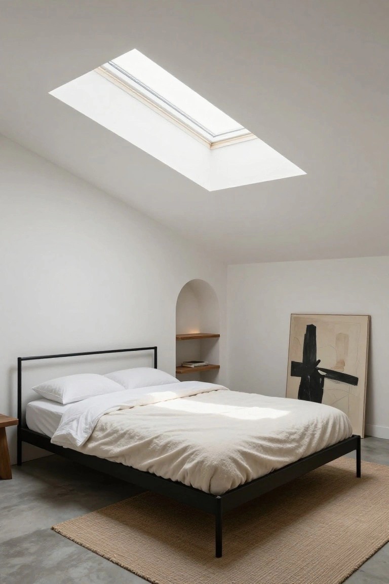 A minimalist attic bedroom with white walls, sloped ceiling featuring a large skylight, black metal bed frame with white pillows and linens, beige jute rug on concrete floor, arched niche shelf, and large abstract painting.