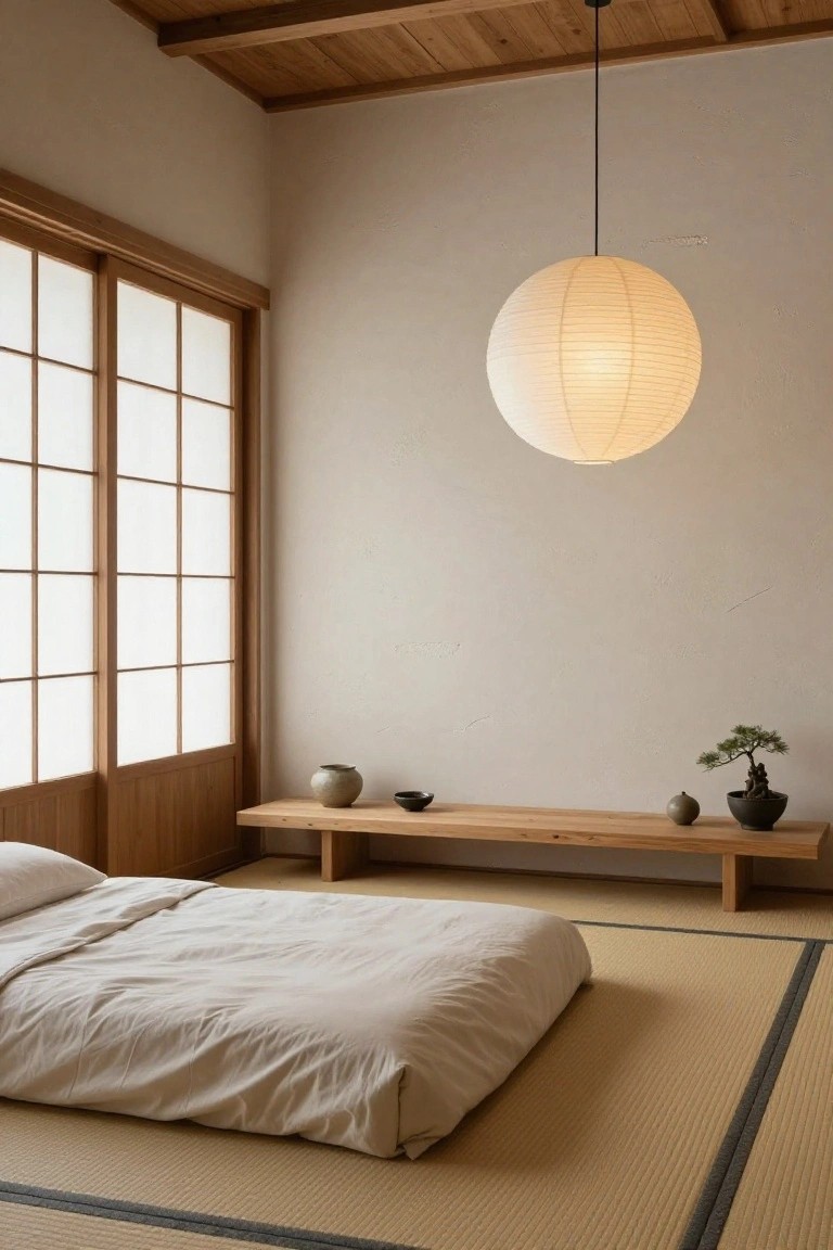 Minimalist bedroom interior with tatami mat flooring, low white futon bed, wooden bench holding ceramic pots and bonsai tree, shoji screen windows, and hanging paper lantern from wooden ceiling beams.