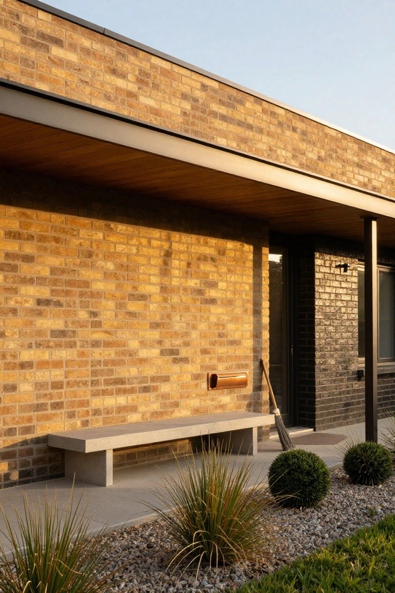 Side exterior view of a single-story brick house with a cantilevered wooden roof overhang, dark metal entry door and window, copper mailbox, concrete bench against the wall, broom leaning nearby, and low grasses with gravel ground cover in front.