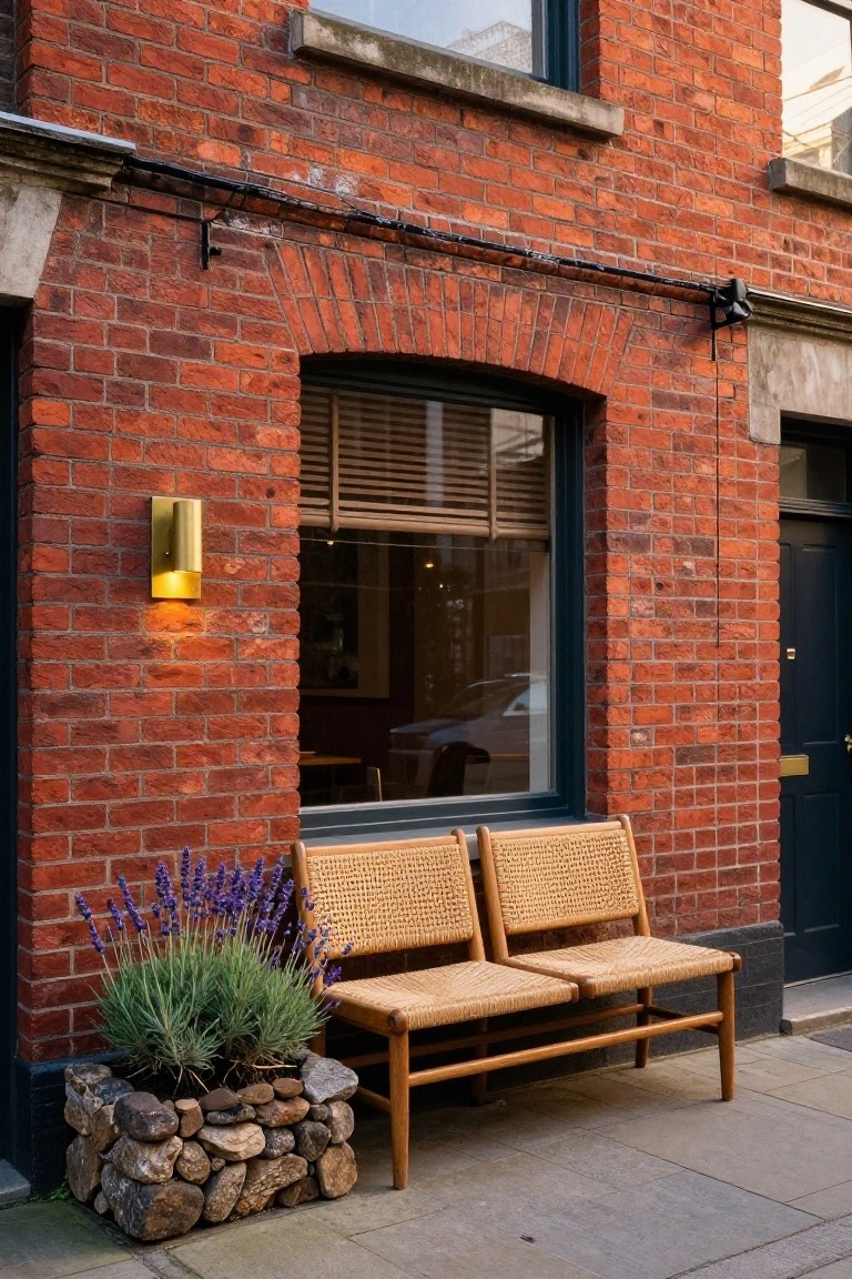 Red brick house exterior featuring an arched window with blinds, gold wall light, dark green door, stone planter filled with lavender plants, and a pair of woven wooden chairs on a shared frame positioned on the sidewalk.