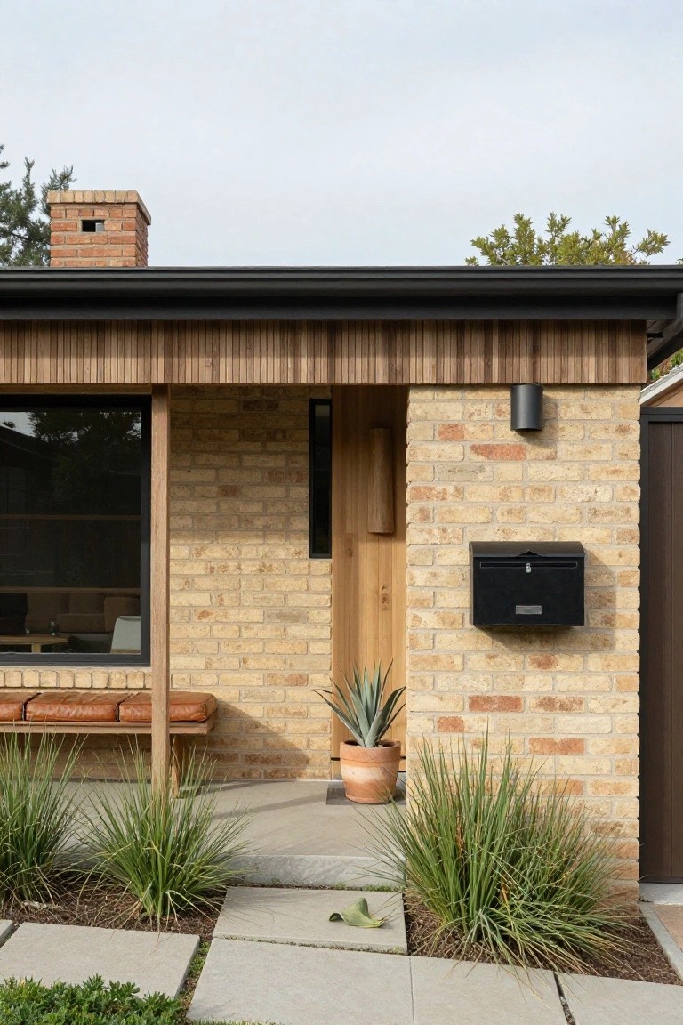 Side exterior of a brick house with dark vertical timber cladding under the black roofline, large black-framed window, narrow wooden entry door, built-in bench, potted agave plant, grasses, and concrete paver path.