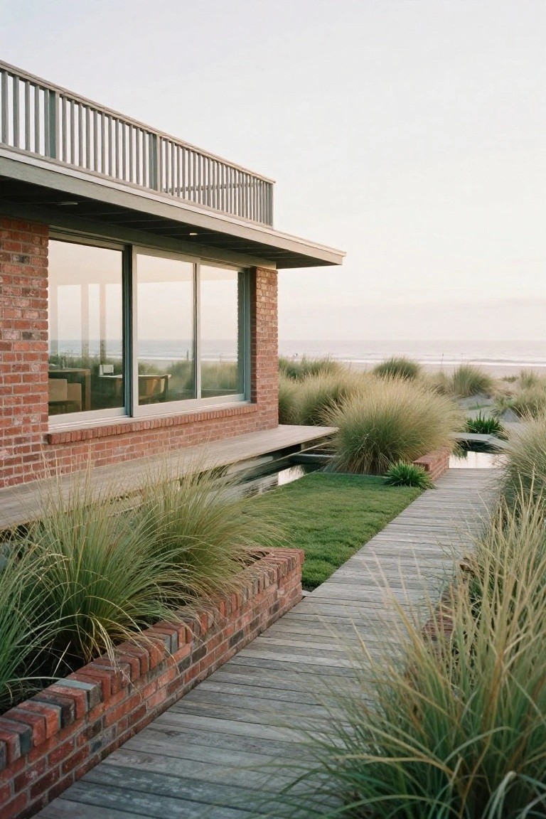 Red brick mid-century modern house exterior featuring a cantilevered upper level with balcony, large horizontal glass window wall overlooking beach dunes and ocean, wooden bench platform, boardwalk path edged by low brick walls and tall grasses.