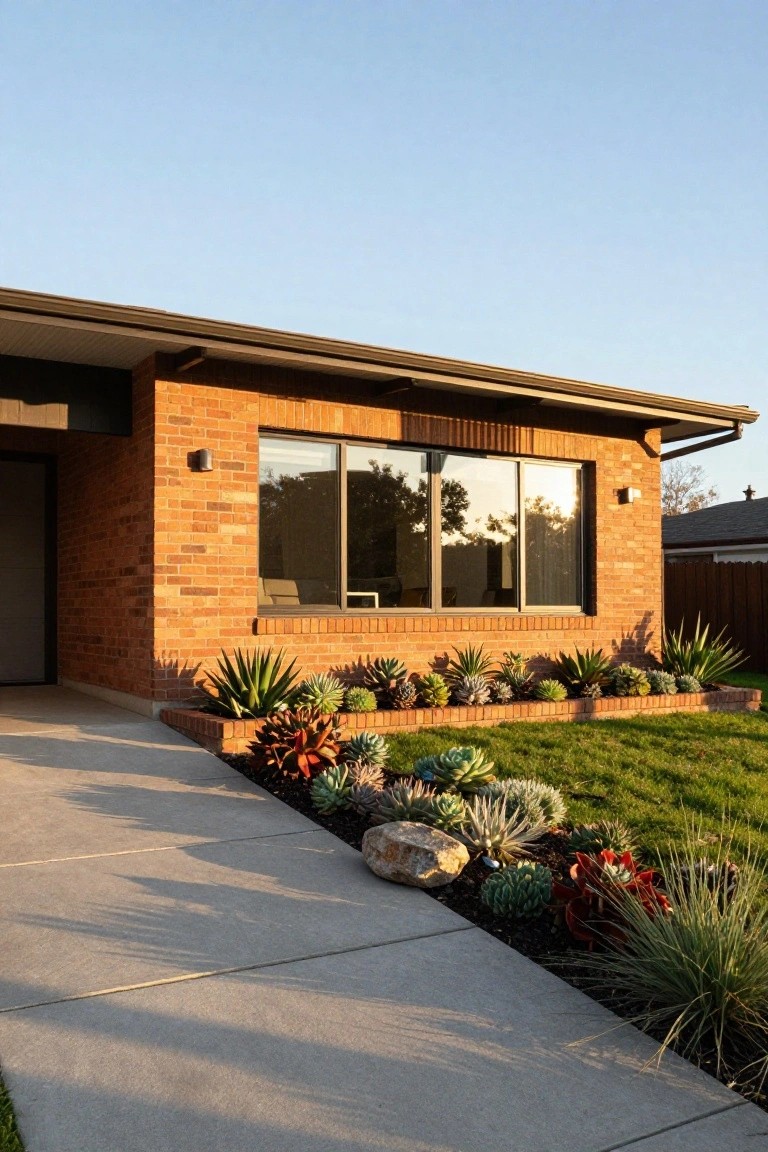 Single-story mid-century modern brick house with horizontal roofline, large sliding glass windows, wall-mounted lights, open entry door, and raised brick planter bed with succulents and grasses along concrete walkway.
