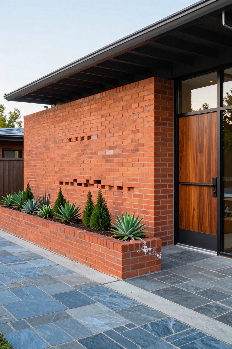 Brick house exterior with geometric cut-outs in the red brick wall beside a wooden entry door and glass window, raised brick planter bed with agave succulents and small evergreens, and bluestone paver pathway.