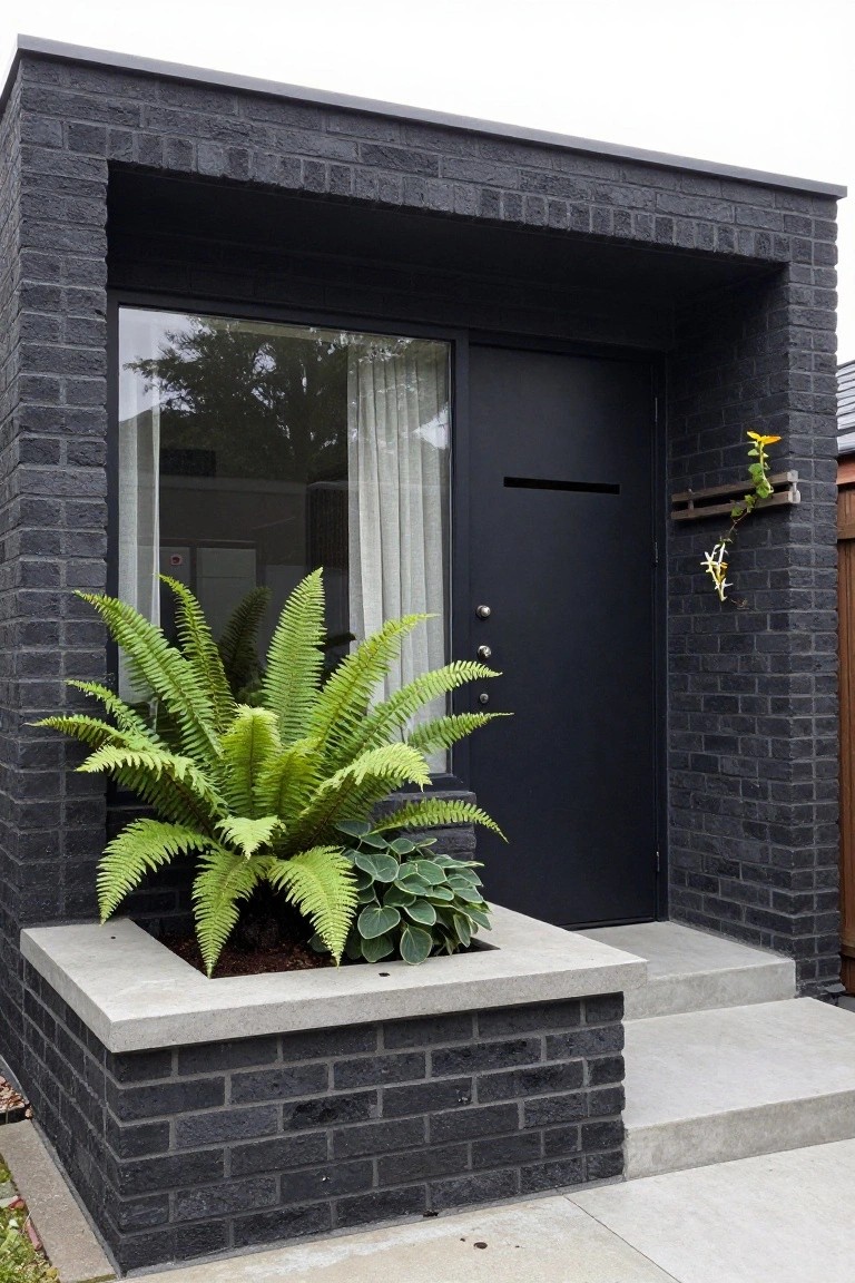 Black brick house exterior showing entry with matte black door, adjacent glass window with sheer curtains, built-in concrete planter box filled with ferns and hostas, concrete steps, and small potted vine on the wall.