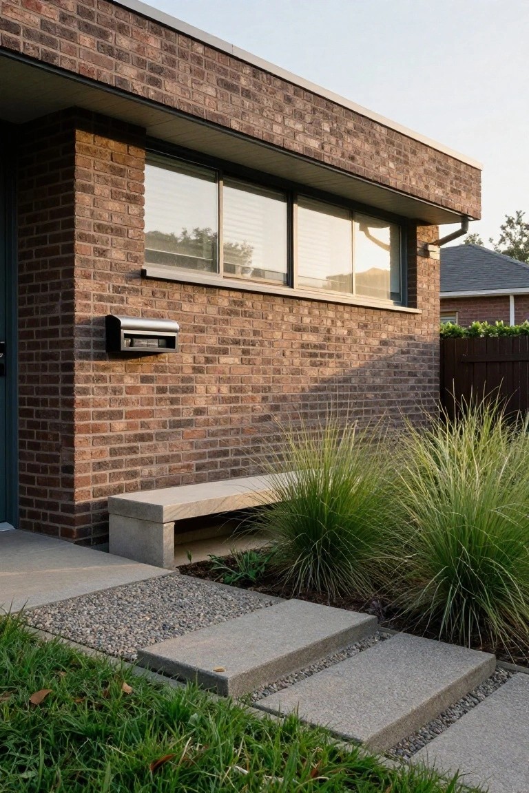 Brick mid-century modern house exterior with green front door, large horizontal window with blinds, silver mailbox, concrete bench beside entry, steps with gravel inserts, and ornamental grasses in the front yard.