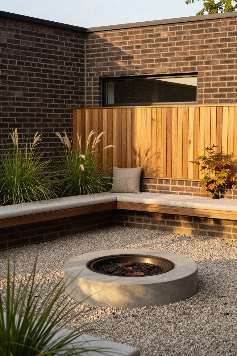 Gravel courtyard with central concrete fire pit, L-shaped bench seating against brick wall and wooden fence, pampas grass plants, beige cushion on bench, and small potted Japanese maple.
