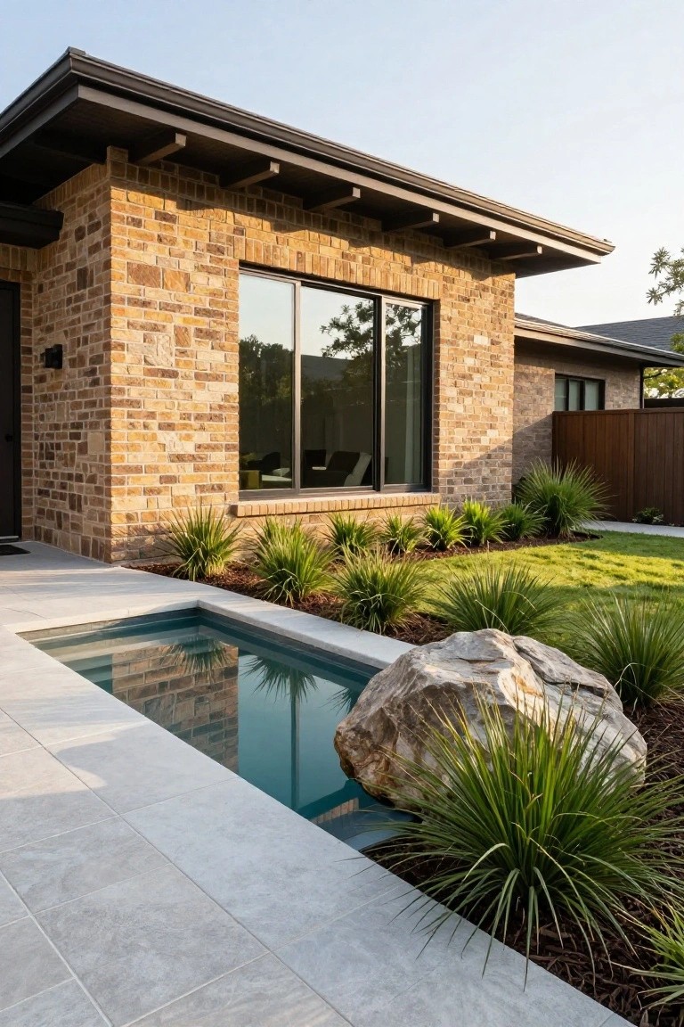 Corner of a brick house exterior featuring a narrow rectangular turquoise pool on a concrete patio edged with pavers, a large gray boulder, yucca plants, mulch, and adjacent green lawn.