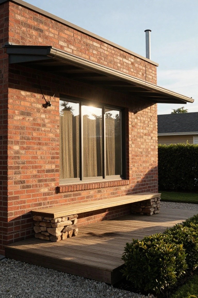 Brick house exterior side with metal awning over a large window with bamboo blinds, wooden deck extending out with a bench on stacked stone and log bases holding firewood stacks, boxwood shrubs, gravel, and grass nearby.
