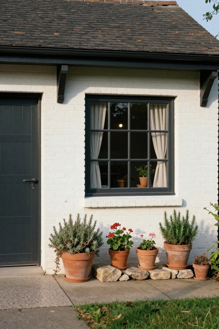 White brick house exterior featuring a dark paneled door, black-framed window with curtains, and clustered terracotta pots with rosemary, geraniums, and other plants on a concrete path with stone edging.