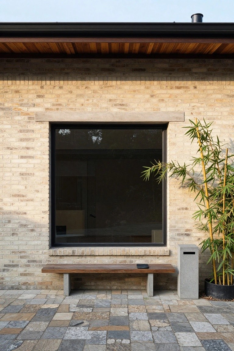 Light brick house wall with exposed wooden beam ceiling overhang, large black-framed window, wooden bench on concrete legs, tall bamboo plant in pot, concrete mailbox, and irregular stone paver patio under partly cloudy sky.