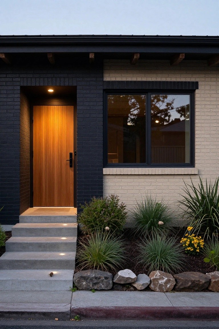 Front exterior of a house with dark brick recessed entryway containing a vertical wooden door, adjacent light brick wall with large black-framed window, concrete steps with integrated lighting, and low drought-tolerant plants edged by rocks along the sidewalk.
