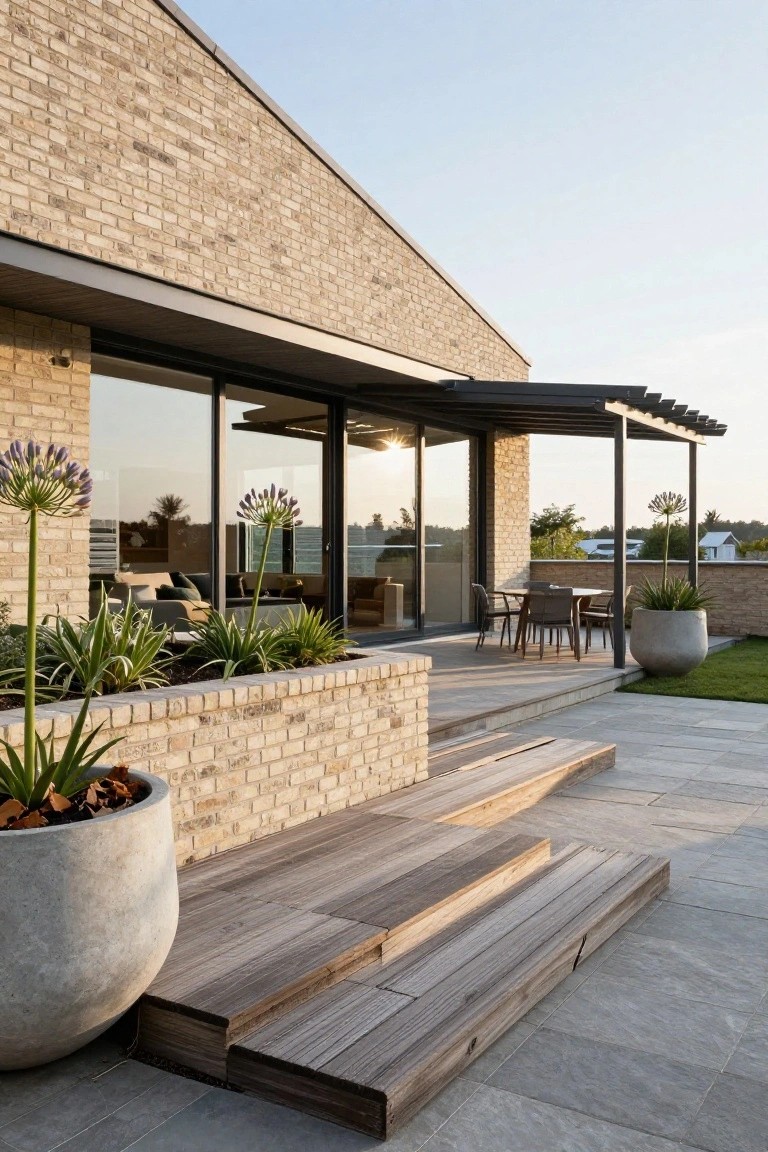 Brick house exterior with large glass sliding doors opening to a raised wooden deck terrace featuring an outdoor dining table and chairs under a black metal pergola, brick planters with plants, large potted agapanthus, and wooden steps to a lower stone patio.