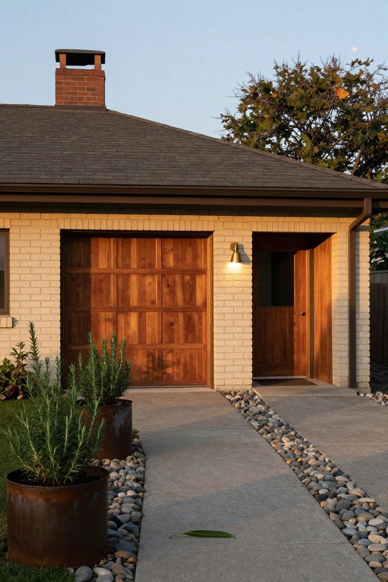 Brick house exterior with paneled wooden garage door, wooden entry door with light, rusty metal planters holding rosemary plants, concrete walkway edged with pebbles, shingled roof, brick chimney, and tree in background at dusk.