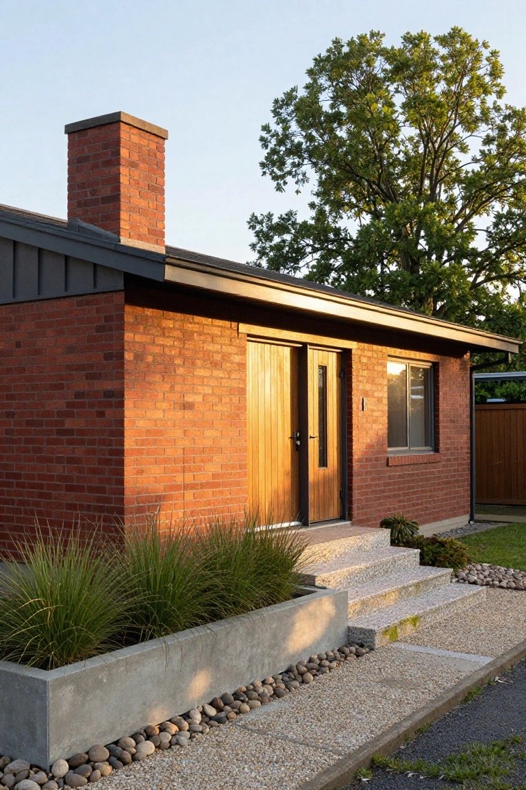 Side view of a single-story brick house with a brick chimney, wooden double entry doors, concrete steps, grass-filled concrete planters, pebble ground cover, and a large tree nearby.