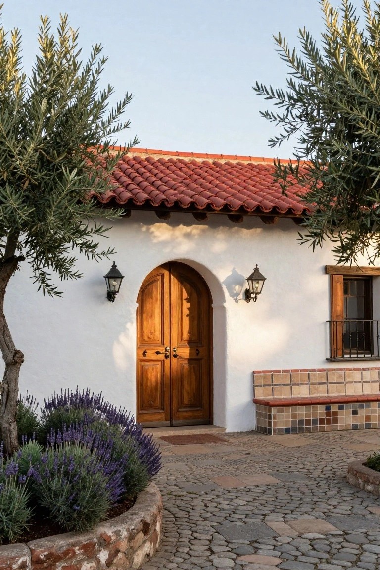 White stucco hacienda exterior with red tile roof, flanked by two olive trees, arched double wooden doors lit by wrought iron lanterns, lavender plants in curved bed, tiled bench, and pebble stone pathway.
