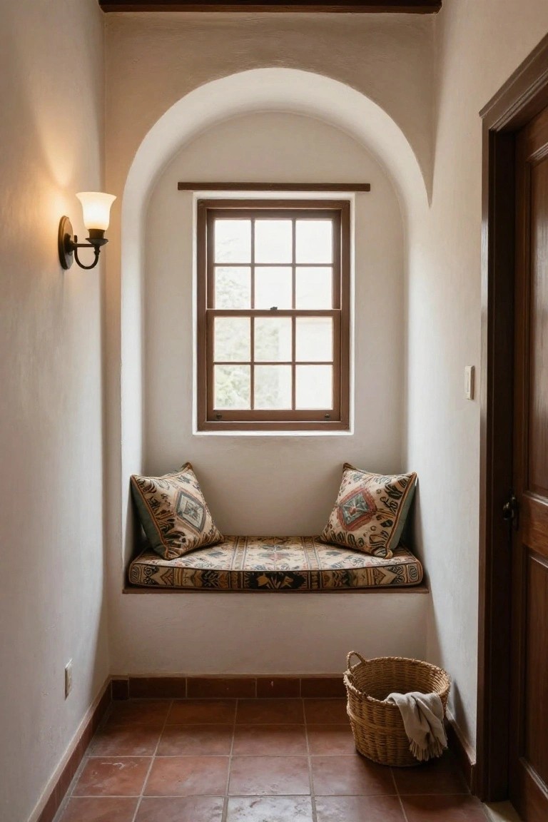 Narrow interior hallway with white arched alcove containing a cushioned bench seat under a divided-light window, wall sconce lamp, wooden door, and woven basket with linen cloth on terracotta tile floor.