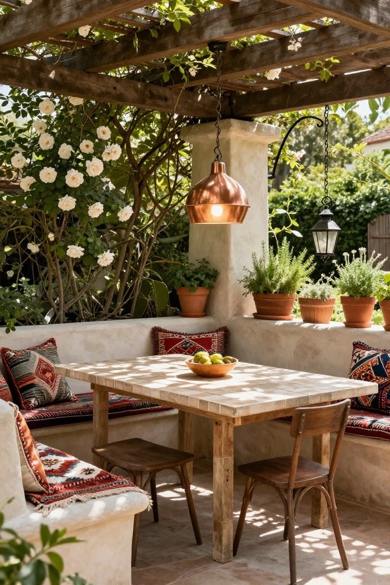 Shaded outdoor patio under wooden pergola with built-in benches along stucco walls, patterned cushions, light wooden table, terracotta herb pots, white rose vines, copper pendant light, and wooden chairs.