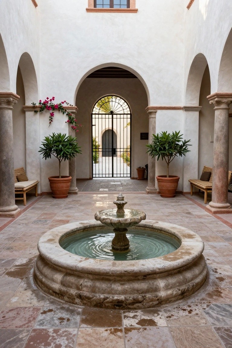 Hacienda-style courtyard with central stone fountain, potted trees, wicker benches under arches, and black iron gate entrance.